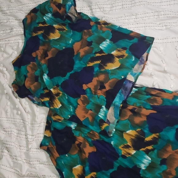 Vintage 80s 2 pc skirt set blue/green/brown/tan - Picture 1 of 8